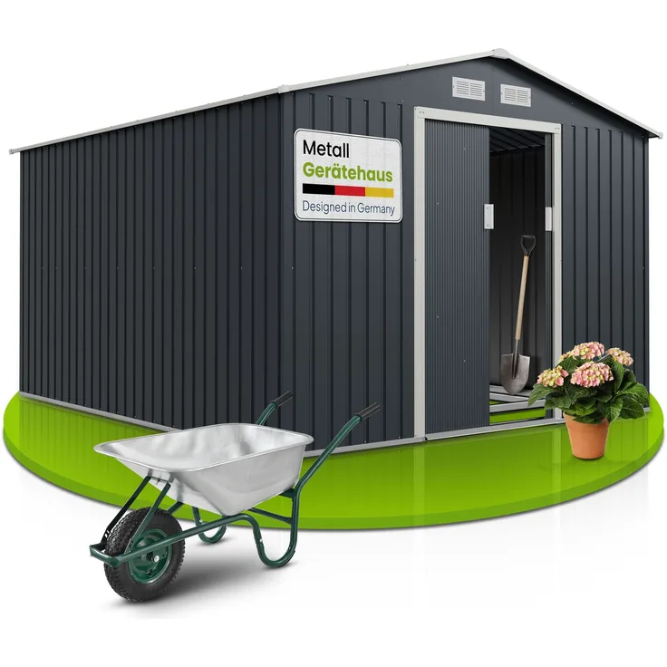 Juskys Metall Gerätehaus XXL mit Satteldach, Schiebetür & Fundament, anthrazit, 15m³ | 277×319×192 cm