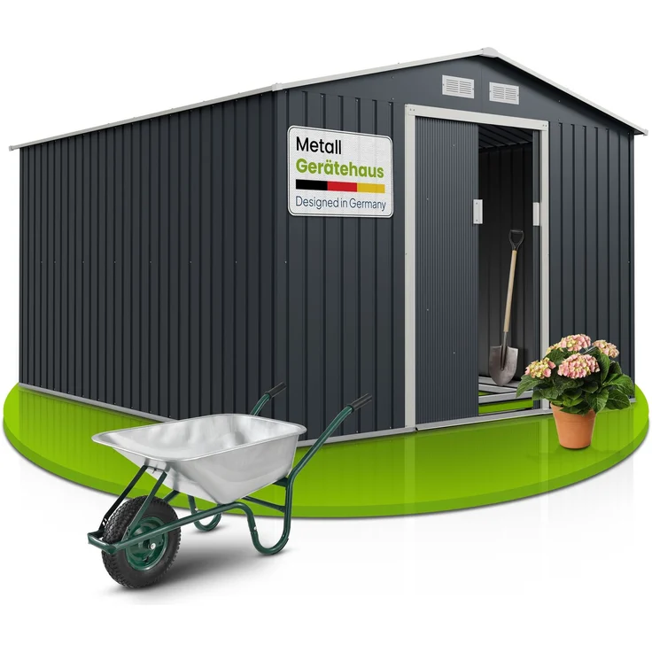 Juskys Metall Gerätehaus XXL mit Satteldach, Schiebetür & Fundament, anthrazit, 15m³ | 277×319×192 cm – Bild 1
