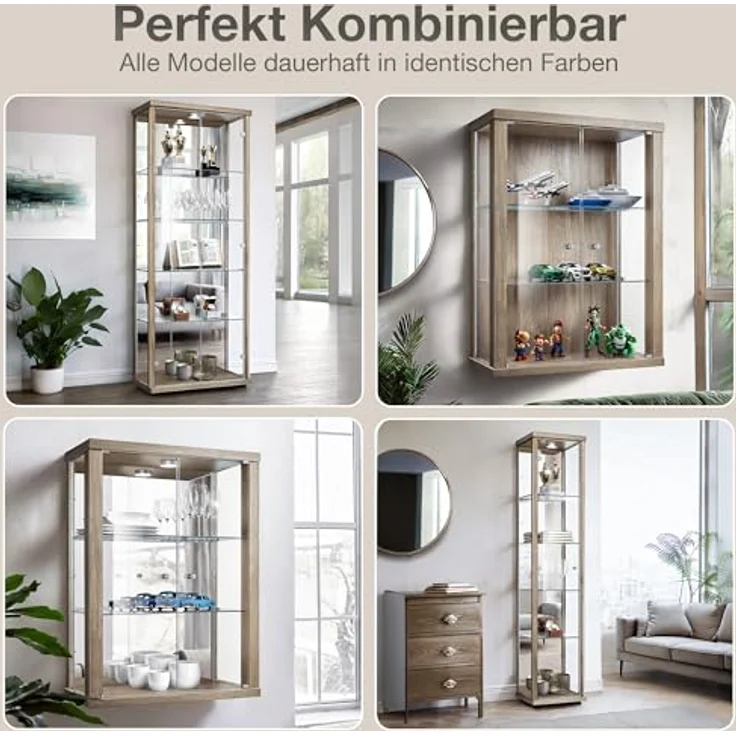 K-Möbel Hängevitrine, Sonoma Eiche Grau, Glas, 4 Fächer, Rechteckig, 60x80x25 cm, für Wohnzimmer und Wohnwände – Bild 7
