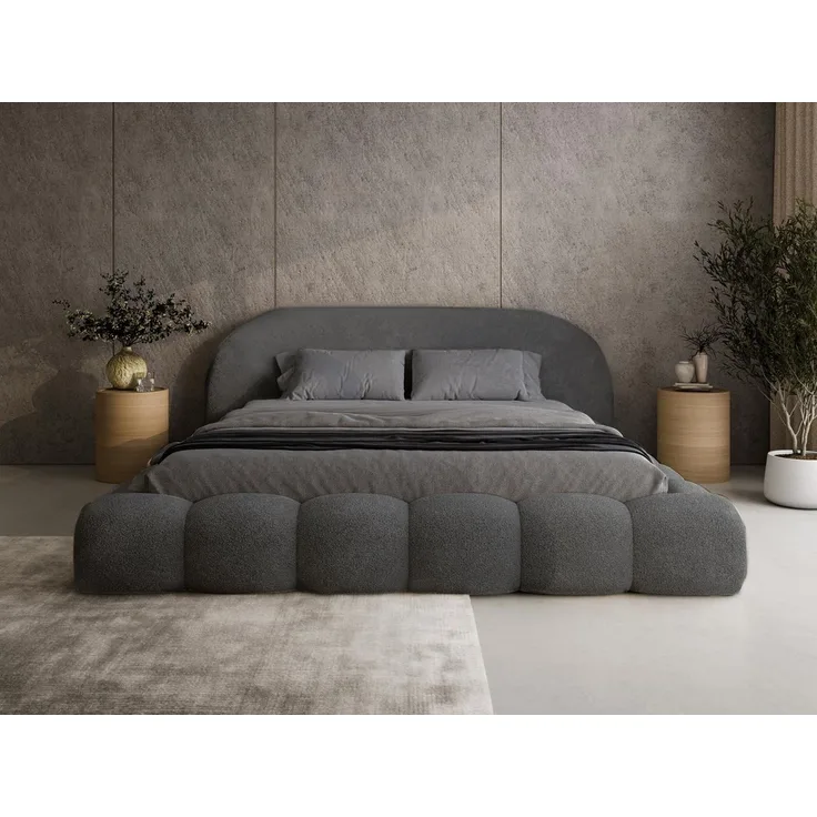 Compleo Polsterbett aus Bouclé OMBIS, Wolkenbett mit Bettkasten und Lattenrost (gepolstertes Bett aus Bouclé mit abgerundeten Formen), 120x200 140x200 160x200 180x200 200x200 cm