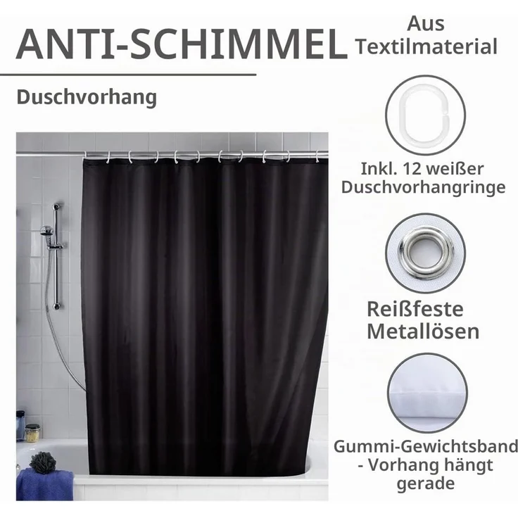 WENKO UNI Duschvorhang 180 x 200 cm, Schwarz, waschbar – Bild 3