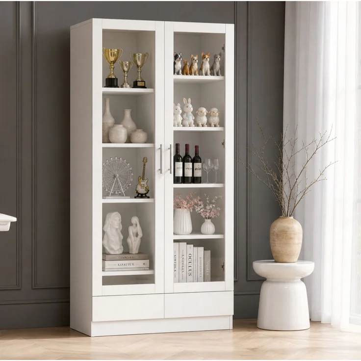Glastürschrank, Aktenschrank, Figurenschrank, Büroschrank, Hochschrank & Aufbewahrungsschrank mit 2 Schubladen, Weiß, Maße 80×40×160 cm--Weiß--160x40x80cm--YOUDENOVA – Bild 3