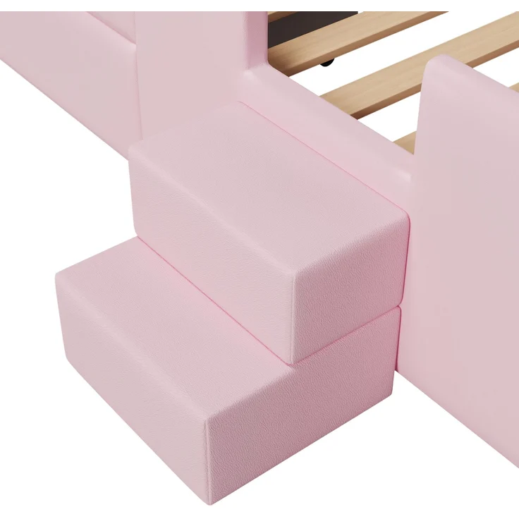 Gepolstertes Plattformbett 90x200 cm mit Treppe, Schubladen, LED-Lichtleisten, USB und Aufbewahrungstaschen, Rosa – Bild 7