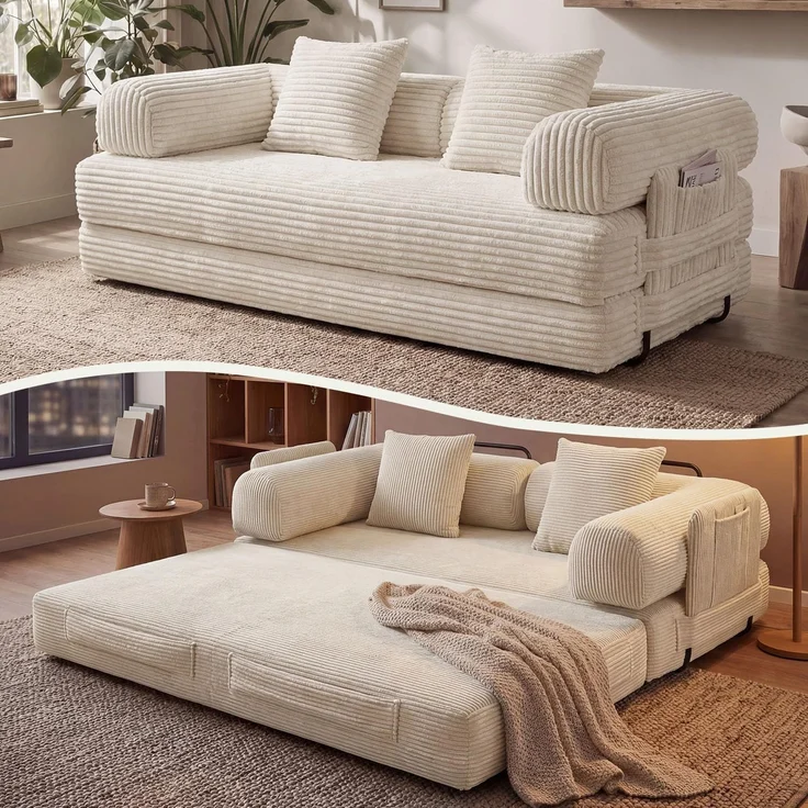 Aoxun Kordstoff Schlafsofa 200×97×70cm, 5-in-1 Umwandelbares Bodensofa, Hochdichter Schaumstoff, Haustierfreundlich, Keine Montage, Weiß – Bild 1
