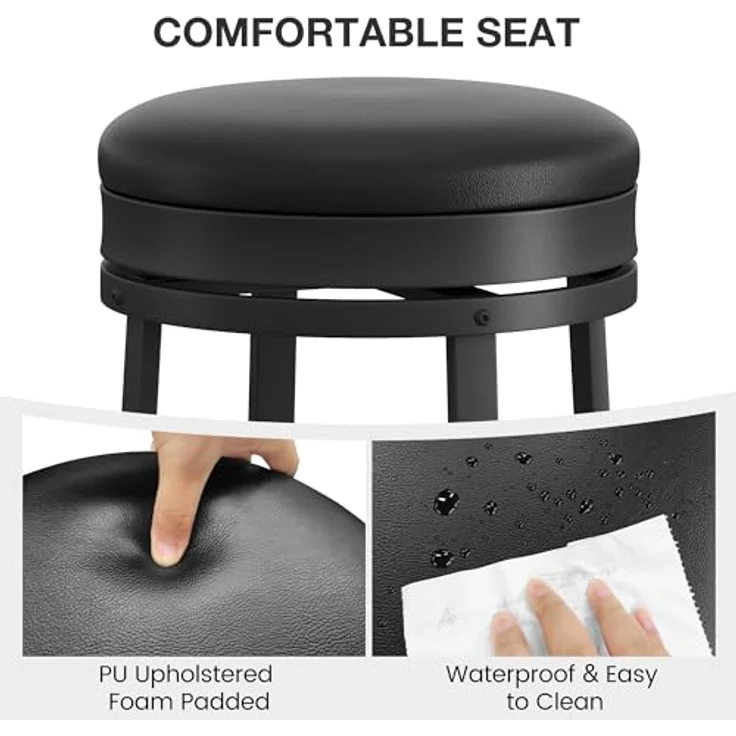 GarveeHome 360°Drehbar Runde Barhocker 2er Set, 62cm Hoch Barstühle mit Fußstütze, Küchenthekenhocker mit PU-Kunstleder und Metallrahmen, Hocker für Bartisch, Küchenstühle für Küche/Bar, Schwarz – Bild 8