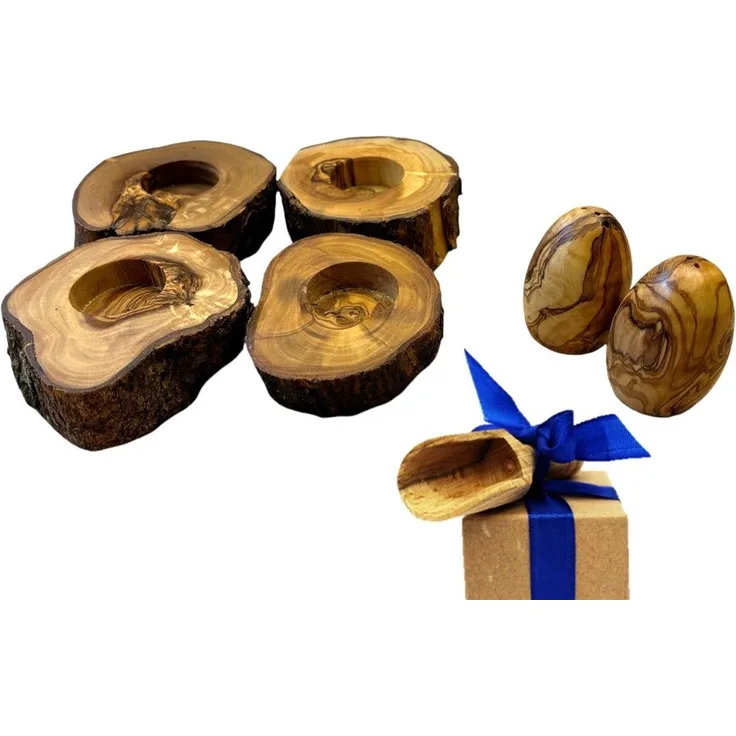 Olivenholz-erleben Eierbecher Rustikal, (Set, 6-tlg, 4x Eierbecher rustikal, plus Salz- und Pfefferstreuer), Olivenholzscheiben als Eierbecher mit Ei-förmigen Streuern
