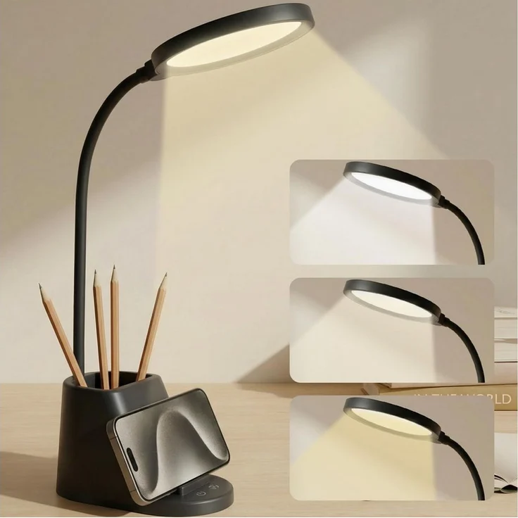 LQWELL LED Schreibtischlampe 4 in 1 LED Schreibtischlampe USB Aufladbar, LED fest integriert, 3 Helligkeitsstufen Nachtlicht, 360° Flexibel Stifthalter Tischlampe Studienlampe, mit Telefonhalter,für Heimbüro – Bild 1