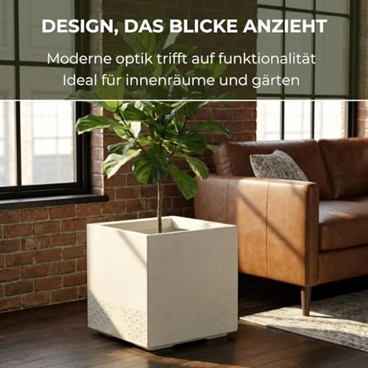 LAMELA Pflanzkübel mit Rollen 40 cm, 36L – Blumentopf aus Kunststoff in Betonoptik – Übertopf mit Wasserablauf – Modern für Innen & Außen - Wetterfest & Pflegeleicht, Creme – Bild 4