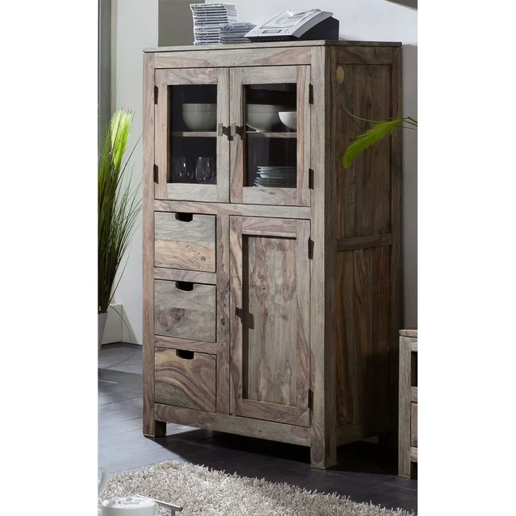 Vitrine Sheesham 90 x 45 x 148 grau geölt NATURE GREY #62 – Bild 5