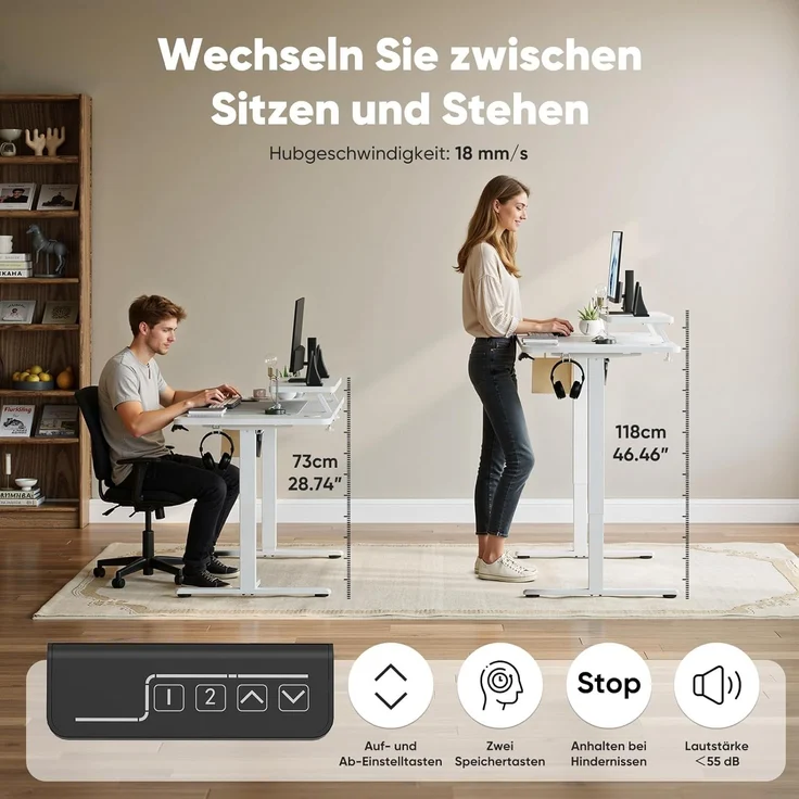 Sweetcrispy Höhenverstellbarer Schreibtisch mit Monitorständer, 120x60 cm Schreibtisch Höhenverstellbar Elektrisch, Ergonomischer Steh-Sitz Tisch, Computertisch Standing Desk, Weiß – Bild 4