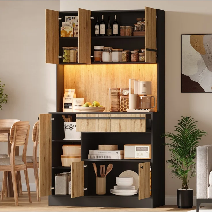 Küchenschrank 100 x 40 x 180 cm mit RGB-LED und verstellbaren Einlegeböden – Natur und Schwarz – Bild 3