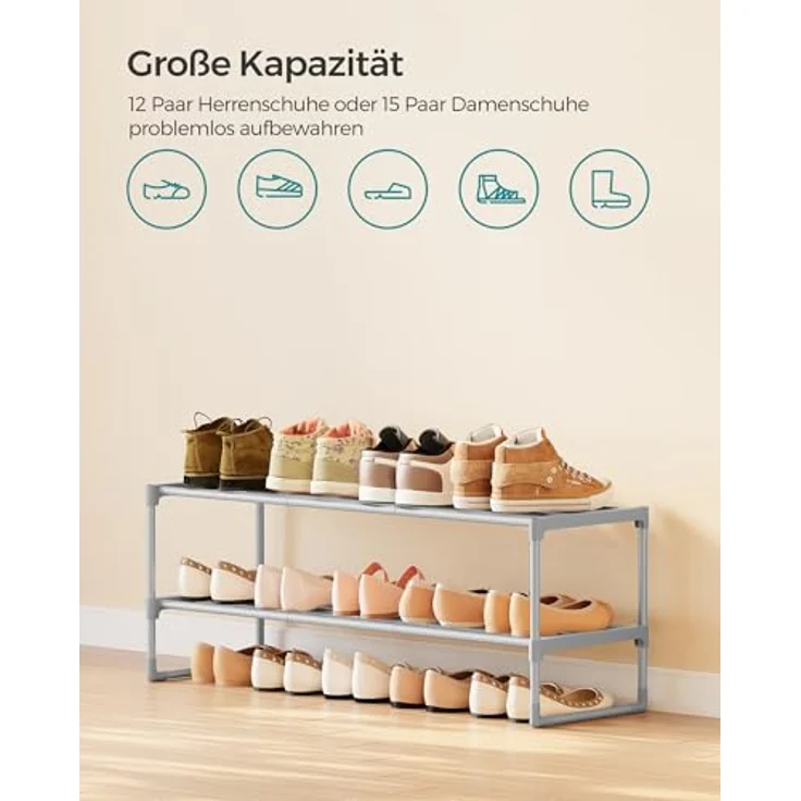 Songmics Schuhregal mit 2 Ebenen, Schuhständer aus Metall, Schuhaufbewahrung, Schuh-Organizer für 8-10 Paar Schuhe, stapelbar, für Flur, Wohnzimmer, Schlafzimmer, 30 x 92 x 34 cm, grau LSA012G01 – Bild 6