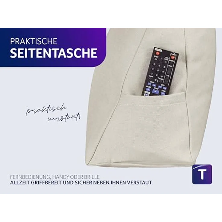Traumnacht Cozy Rückenkissen, Lesekissen, 70x40 cm beige, abnehmbarer, waschbarer Bezug aus 100% Polyester, praktisches Seitenfach, Öko-Tex zertifiziert, produziert nach deutschem Qualitätsstandard – Bild 7