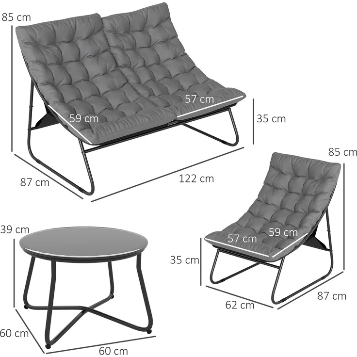 4-Sitzer Gartenmöbel-Set, 2 Stühle, 1 Doppel-Sofa, 1 Tisch, dicke Kissen, Stahlrahmen, für Terrasse, Grau--Grau--122x87x85cm--YOUDENOVA – Bild 5