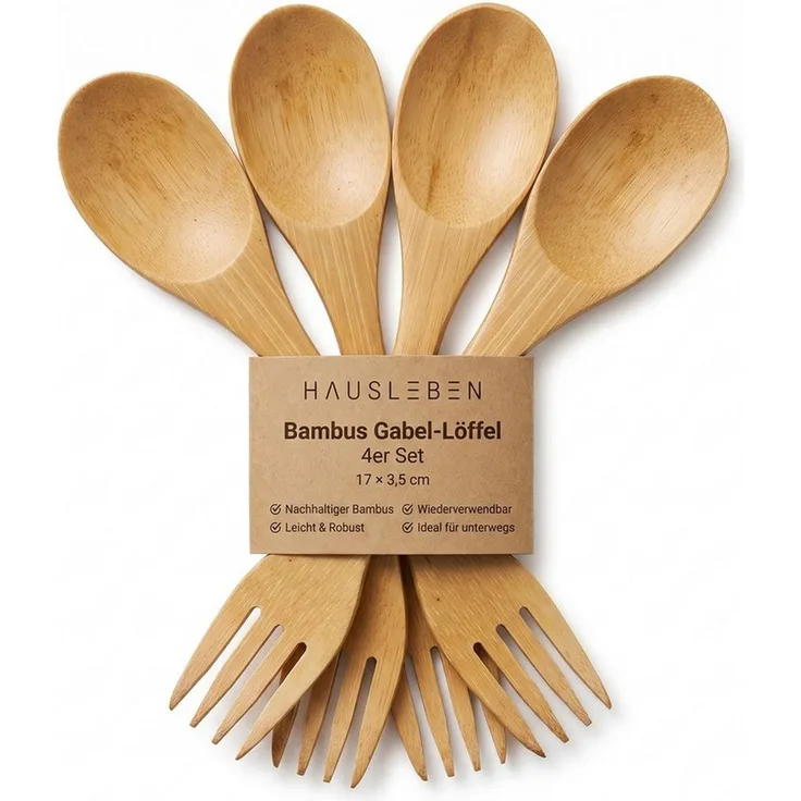 hausleben Campinglöffel 4er Set Gabel-Löffel Multibesteck – Bambusbesteck 17 x 3,5 cm (4 Stück), Bambusbesteck, Wiederverwendbar & Leicht, 17 x 3,5 cm