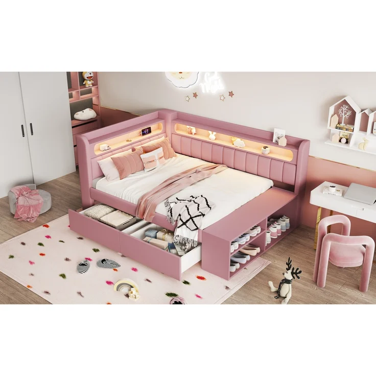 Merax Kinderbett, Einzelbett, Schlafsofa 90x200cm mit USB-Anschluss und LED-Lichtleiste, inklusive Schuhschrank und zwei Schubladen, Rosa – Bild 6