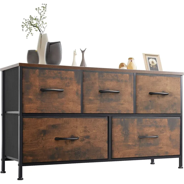 Sweetcrispy Kommode,Sideboard Wohnzimmer für Schlafzimmer mit 5 Stoffschubladen,Einstellbare Füße Schubladenschrank, Braun
