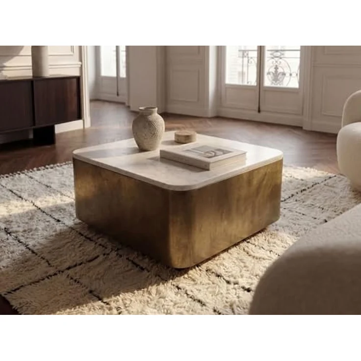 FINEBUY Couchtisch FB116592 Sofatisch Marmor Wohnzimmertisch 60cm Beistelltisch Handmade (Quadratischer Kubus in antiker Goldoptik), Massive Tischplatte aus edlem weißem Marmor – Bild 5