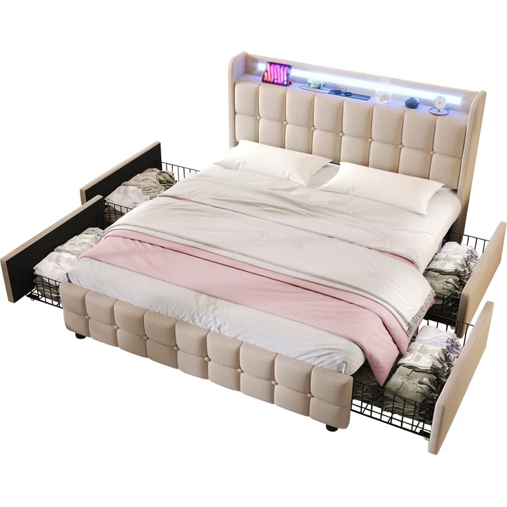 Einzelbett 160 × 200 cm mit Steckdosen,USB-Anschlüssen und LED-Beleuchtung,4 Schubladen,Leinenbezug in Beige,inklusive Matratze – Bild 9