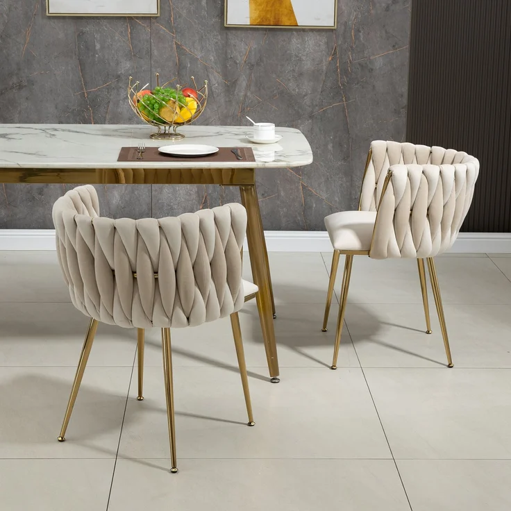 Elegantes 2er-Set Samt-Esszimmerstühle mit goldenen Metallbeinen und handgewebtem Design in Ivory – Bild 2