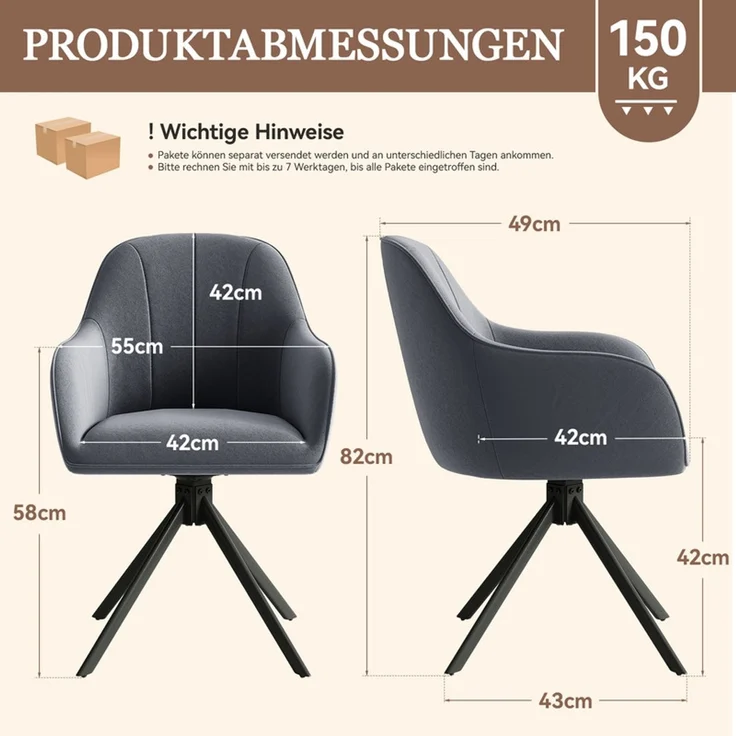Hawthyhome 4-Fußstuhl Esszimmerstuhl drehbar mit Armlehne, 360° Drehfunktion, ergonomische Sitzschale mit weicher Polsterung, Samtbezug, stabiles schwarzes Metallgestell, moderner Küchenstuhl für Esszimmer, Wohnzimmer, Büro & Homeoffice, Dunkelgrau – Bild 2