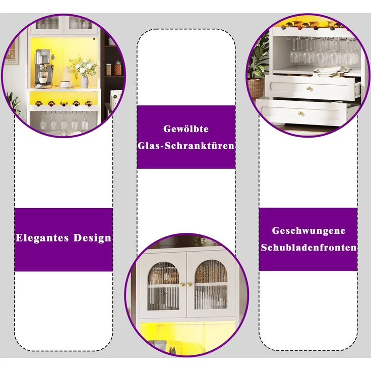 Hochschrank mit Glastüren, LED-Beleuchtung & Weinregal, 140x40x180 cm, Weiß – Bild 8
