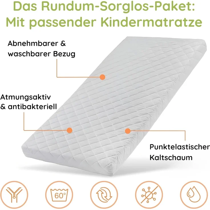 Kids Collective Kinderbett Bodenbett Bett mit Rausfallschutz & Lattenrost Montessori Bett Kinder (Jungen, Mädchen, Kinder, weitere Größen 80x160, 80x180, 90x190, 90x200, 140x200 cm), Jugendbett Einzelbett mit Matratze Kaschmir Kiefer 120x200 cm – Bild 3