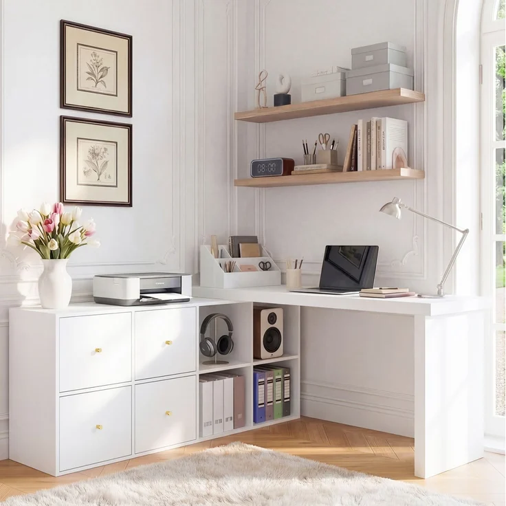 Ecktisch mit 360° schwenkbarer Tischplatte und 8 Fächern aus MDF, 120x48x78 cm, Weiß – Bild 2
