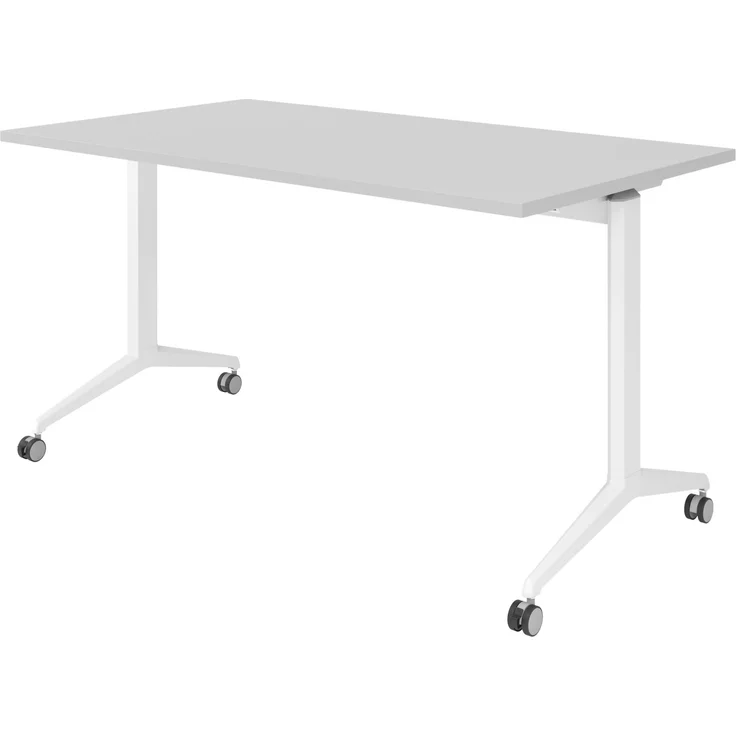 bümö Seminartisch klappbar fahrbar 140x80 cm grau, Gestell weiß - Klapptisch staffelbar, mit vier Doppelrollen Büro Schulungstisch, KFZ14-5-W – Bild 1