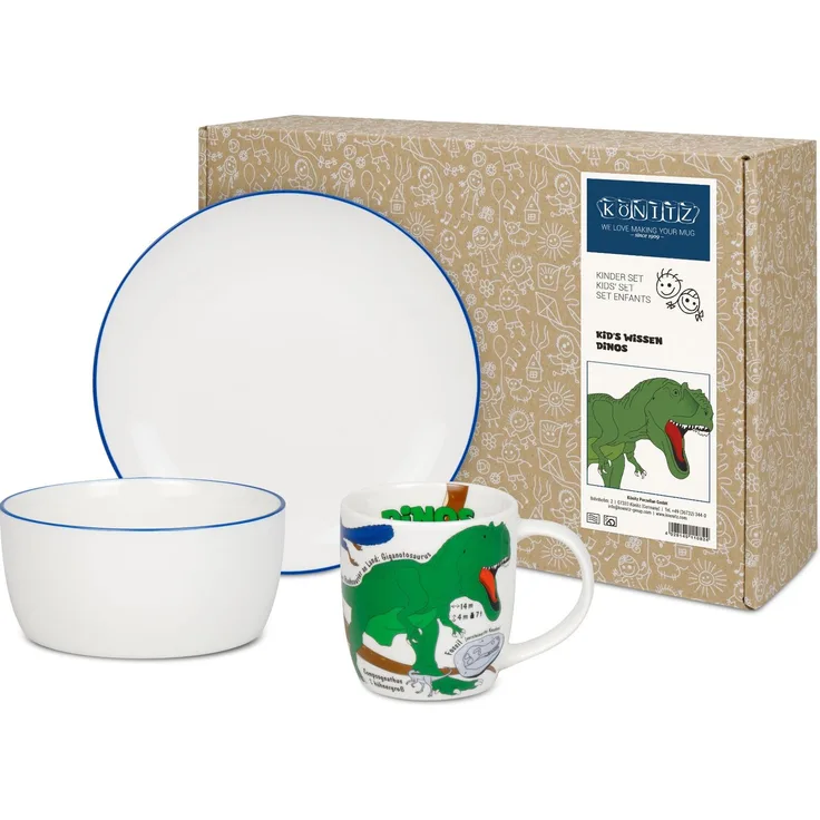 KÖNITZ 1150003025 Kid's Wissen Dinos Kinderset 3-tlg. im Geschenkkarton / Becher, Teller, Müslischale