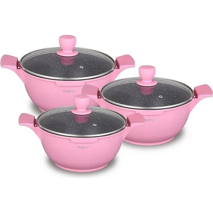Kochtopf Kasserolle Topf Set 6-tlg mit Glasdeckel Cheffinger pink LC-01 – Bild 4