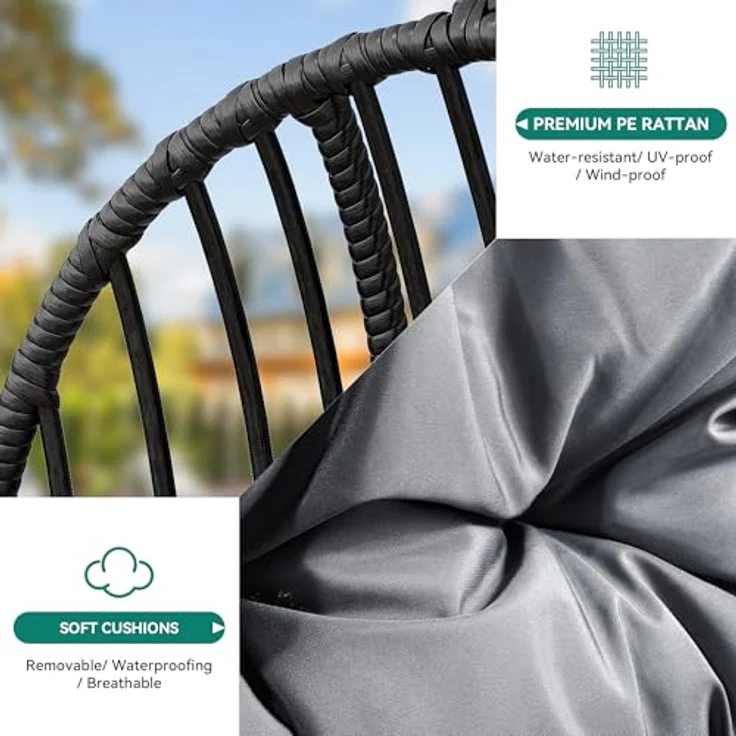 YITAHOME Rattan Hängesessel 150kg, mit Kissen & Getränkehalter, Grau – Bild 5