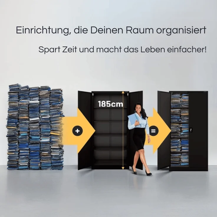 Aktenschrank abschließbar KADO - 5 Ebenen verstellbar, Flügeltüren | Metallschrank Werkstatt Mehrzweckschrank Büroschrank aus Stahl Werkzeugschrank, 185x90x40cm Schwarz – Bild 3