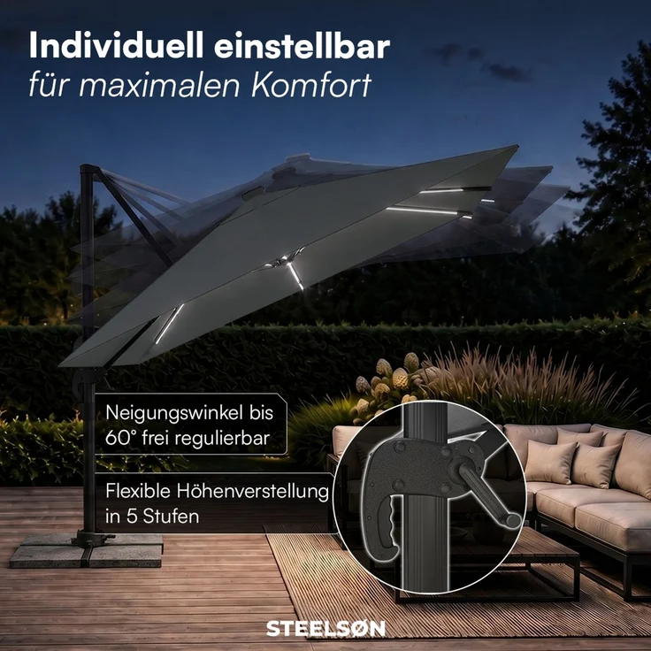 STEELSØN 'Elaris' Premium Sonnenschirm 300x300 cm quadratisch mit LED, neigbar und 360-Grad drehbar, anthrazit, Ampelschirm inkl. Hülle, extrem robuste Metall-Stange, 220 g/m² Polyester, UV50+ – Bild 4