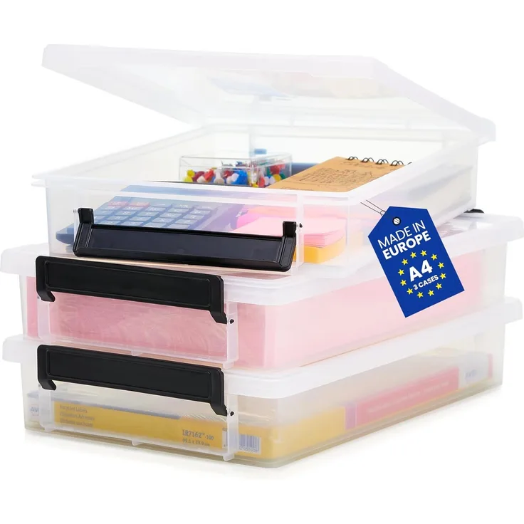 Iris Ohyama, Boxen, Dokumentenorganizer aus Kunststoff, 4 l, 3er-Set, BPA-frei, LLB-A4, transparent, stapelbar, Verschlussklammern B36,5 x T25 x H7 cm