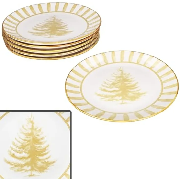 MamboCat Speiseteller 6x Wald ocker Speiseteller Steingut 6 Personen Essteller Streifen, Weihnachtsgeschirr, Weihnachten, Weihnachtsset, Geschirr