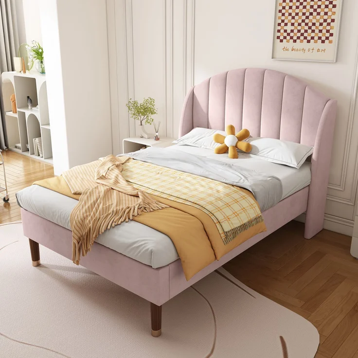 EINHOM Polsterbett 90 x 200 cm mit Lattenrost und Kopfteil, Jugendbett, Einzelbett, Holzlattenunterstützung, Einfache Montage, Samt, Rosa, (Ohne Matratze) – Bild 1