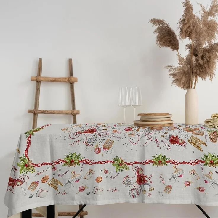PENSIERI DELICATI, Tischdecke, 145x190 cm, Tischdecke aus 100% Panama-Baumwolle, für 6 Personen, Digitaldruck in hoher Auflösung, fröhliches Weihnachtsmotiv, rechteckige Tischdecke