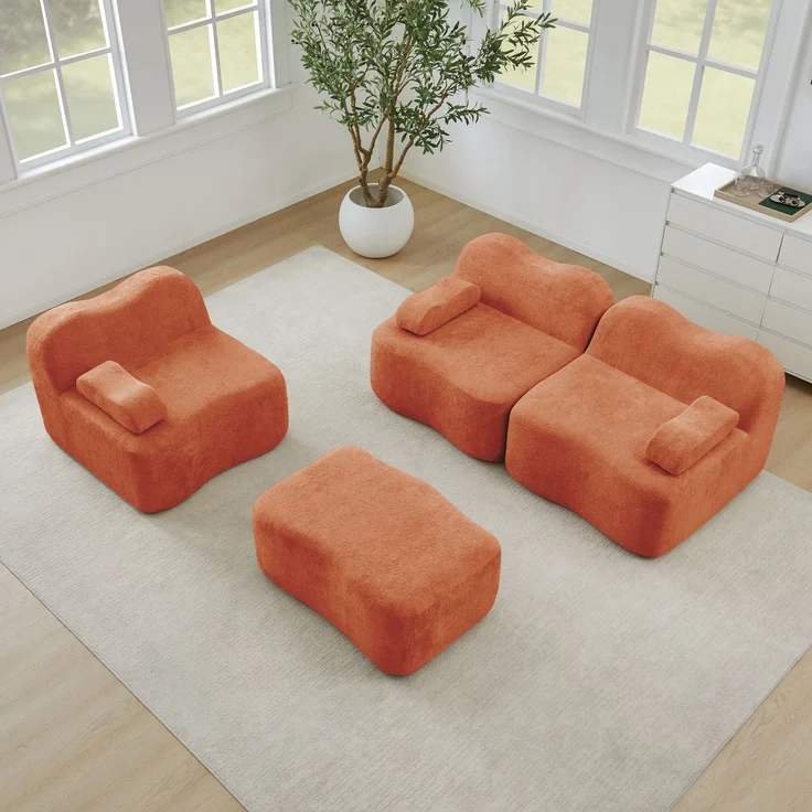 EINHOM 3-Sitzer L-förmiges Modulares Boneless Sofa mit 1 Ottoman, 32D Hochdichtschaum, Wellenform, tiefe Sitzfläche, bewegliches Armlehnenkissen, für Wohnzimmer, Orange – Bild 5