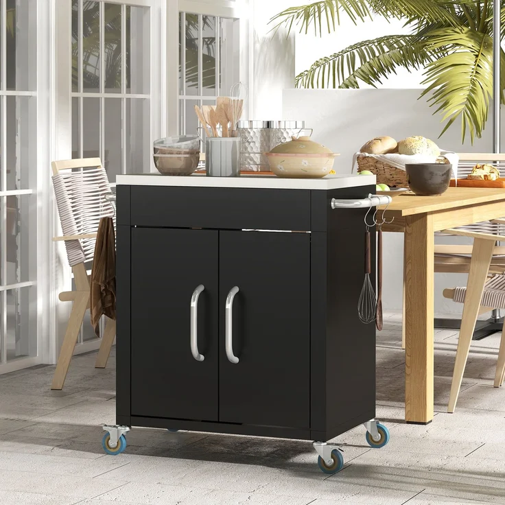 EINHOM Küchenwagen mit Rollen Servierwagen mit Schrank & Haken Edelstahlgriffe Schwarz 86 x 50 x 86, 5 cm für Küche & Esszimmer – Bild 3