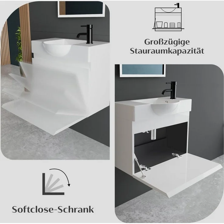 Alpenberger Badmöbel-Set Waschbecken mit Unterschrank 55 cm Breit, (Waschtischunterschrank, Badezimmerschrank Klein), Badschrank Hängend mit Badspiegel – Bild 2