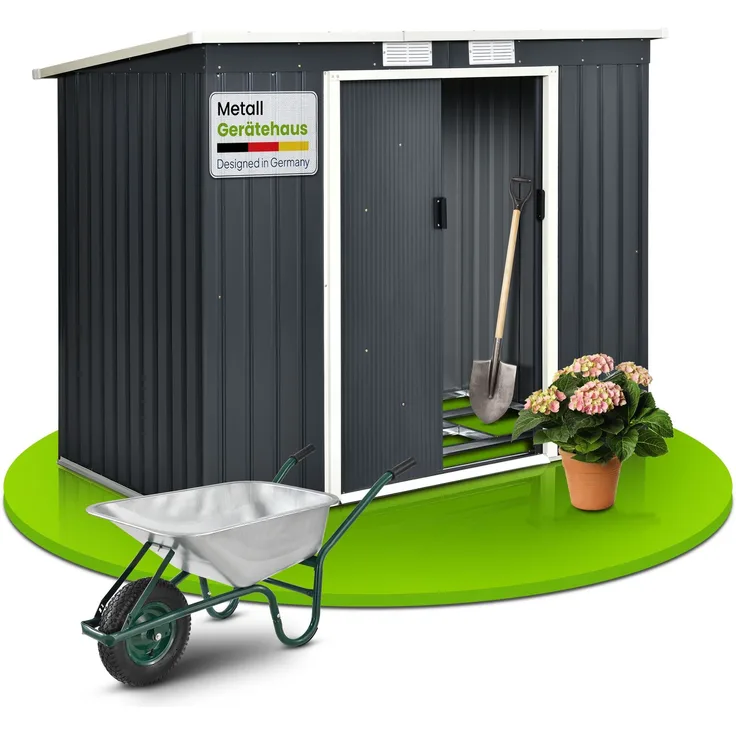 Juskys Metall Gerätehaus M mit Pultdach, Schiebetür & Fundament | 4m³ | 218×132×174 cm | anthrazit | Geräteschuppen Gartenhaus Garten Schuppen