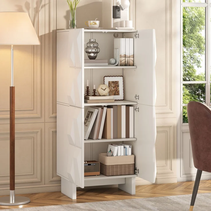 Schuhschrank Sideboard Kompaktsschrank Spanplatte Relief 4 Türen 4 Fächer verstellbare Böden Flur Wohnzimmer--Weiß--60.5x34x135.5cm--YOUDENOVA – Bild 3