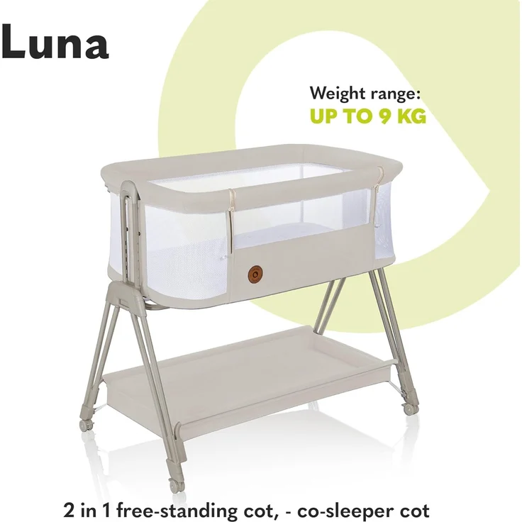 lionelo Luna 2-in-1 Nachttisch für Babys von Geburt bis 9 kg, mit Verstellbarer Höhe und Neigung, 4 feststellbare Räder, tragbar, atmungsaktiv, Netzgewebe, waschbare Matratze und Bezugskorb – Bild 2