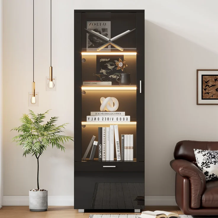Schwarze Hochglanzvitrinen mit Acryltür, LED-beleuchtete Acryl-Vitrine, Vitrinen für Sammlerstücke, Parfümschränke, Bücherregale und Acryl-Vitrine mit schwarzen Hochglanztüren (3 Fachböden)--Schwarz--40x50x160cm--YOUDENOVA – Bild 1
