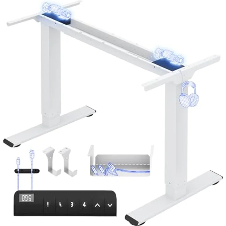 FLEXISPOT Höhenverstellbarer Schreibtisch Gestell, Elektrisch Tischbeine mit 2 Motoren & LED-Höhenanzeige & 4 Speicherfunktionen, inkl. 2 Haken & Kabelmanagement, Weiß