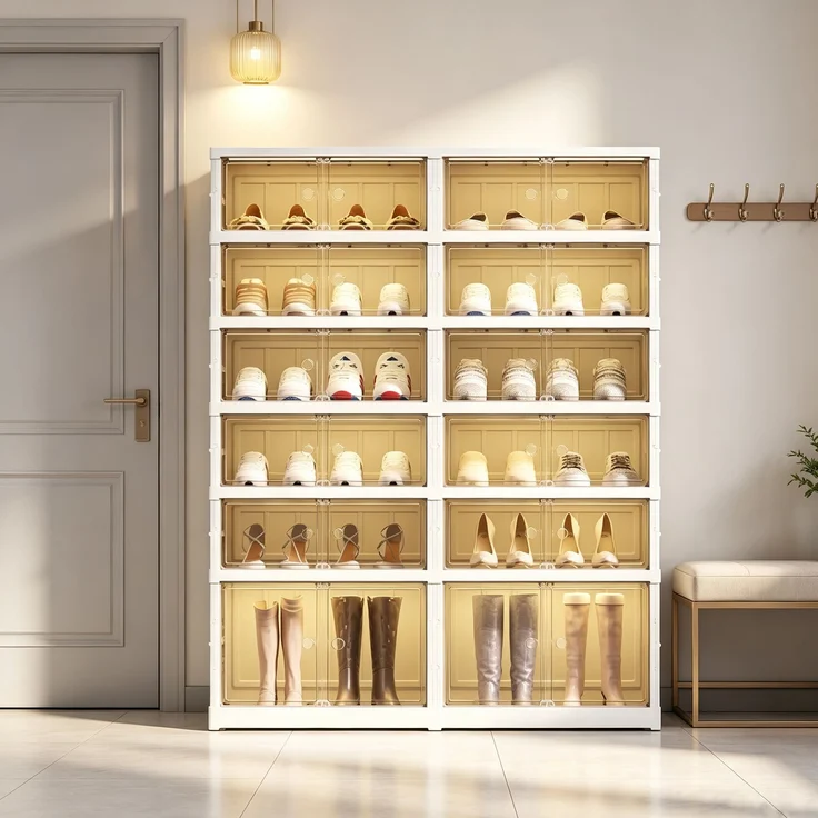 Faltbarer Schuhschrank aus Polypropylen, 6 Ebenen, mit Magnettür und Stiefelbereich,H 116.84 x T 87.12 x B 34.54 cm – Bild 3