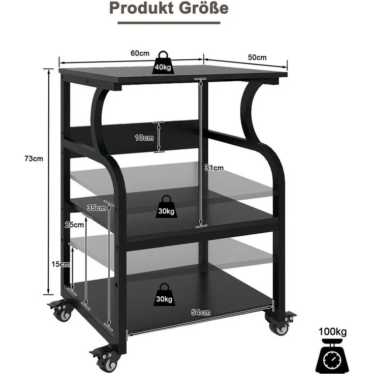 PUNCIA Druckertisch 3 Schichten Heim Büro mit Raddrucker Aufbewahrungshalter Tisch (1-St), Mobiler Druckwagen aus Holz & Metall – Bild 2