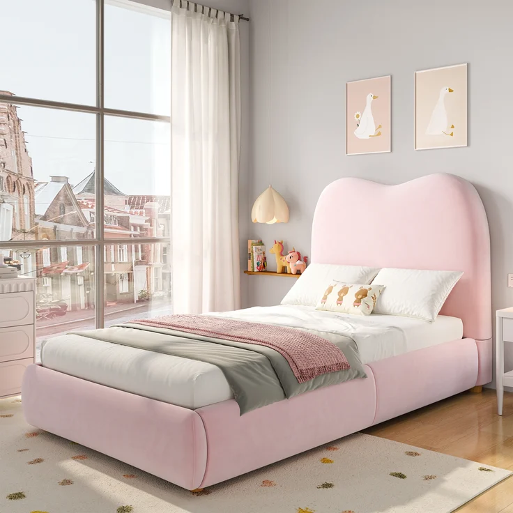 Polsterbett Einzelbett Kinderbett, hydraulisches Funktionsbett mit Lattenrost Kopfteil großem Stauraum, Samt, Rosa, 90 x 200 cm – Bild 2