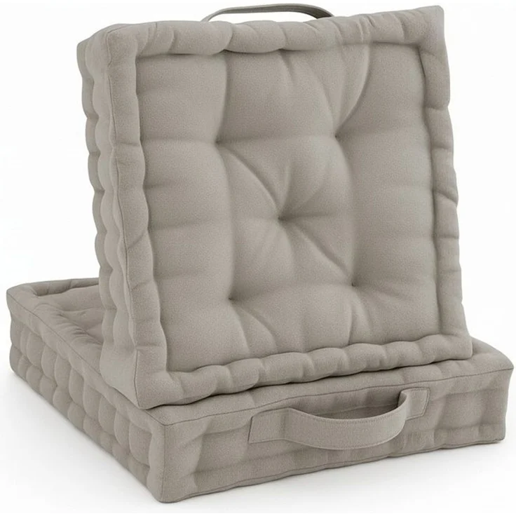 Beautissu Stuhlkissen Mila Bodenkissen, 50x50cm, Taupe, 2er Set, Sitzkissen, 100% Baumwolle, Indoor & Outdoor, exzellenter Komfort und Stil, praktischer Tragegriff – Bild 1